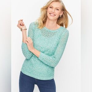 Talbots Linen Blend Pointelle Crewneck Sweater in Marled Green and White M